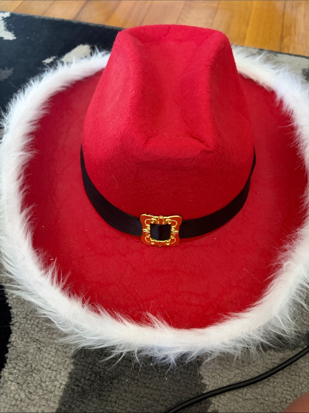 Light UpRed Felt Holiday Cow Boy with White Faux Fur Trim and Gold Buckle Accent